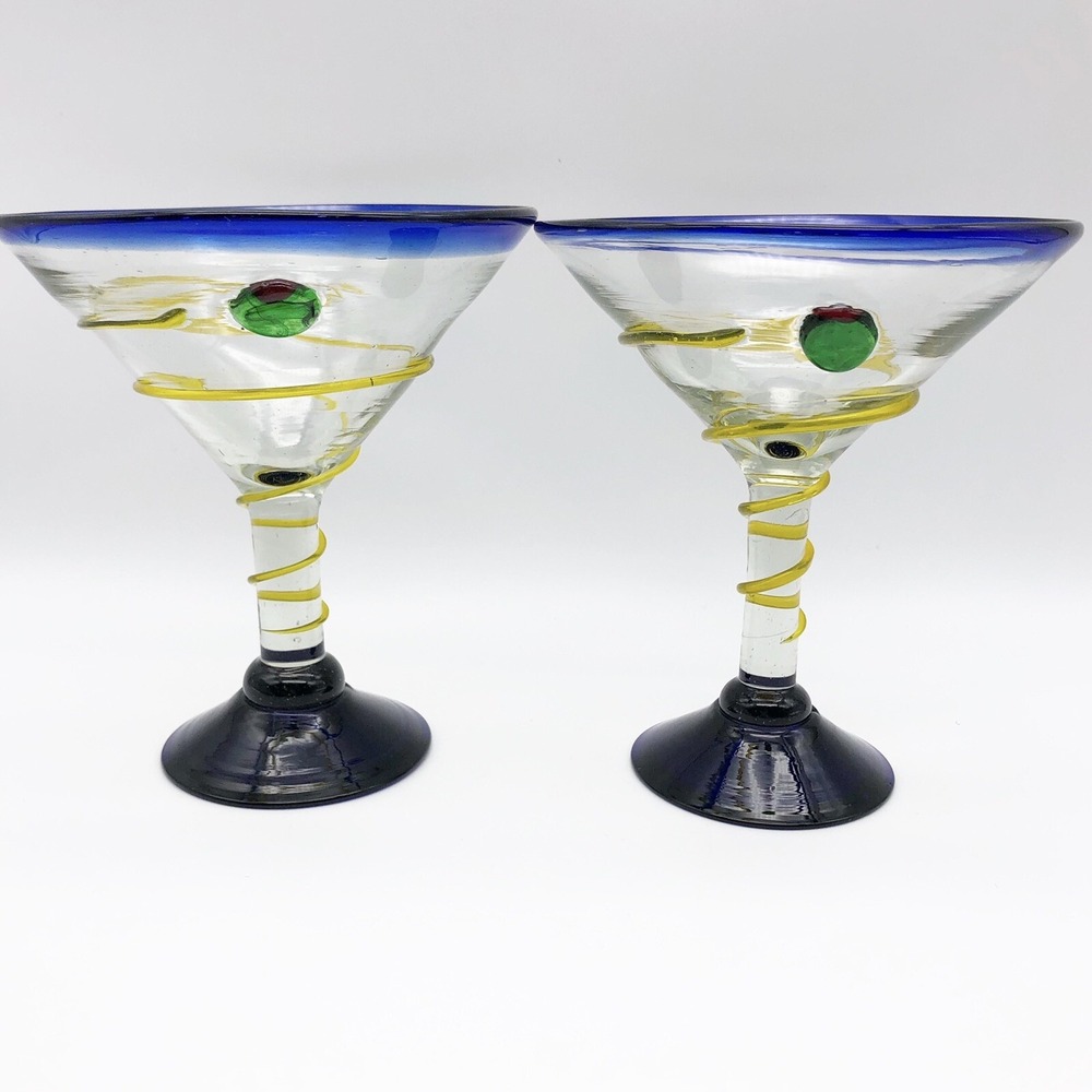 Martini‎ Glasses Hand Blown Applied Glass Accents Cobalt Blue A139